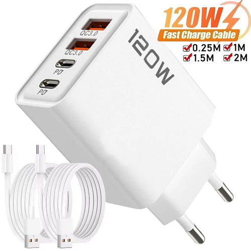 120W 4-Port Fast Charging USB Type-C Wall Charger with Data Cable for Samsung, iPhone, Xiaomi, and Huawei
